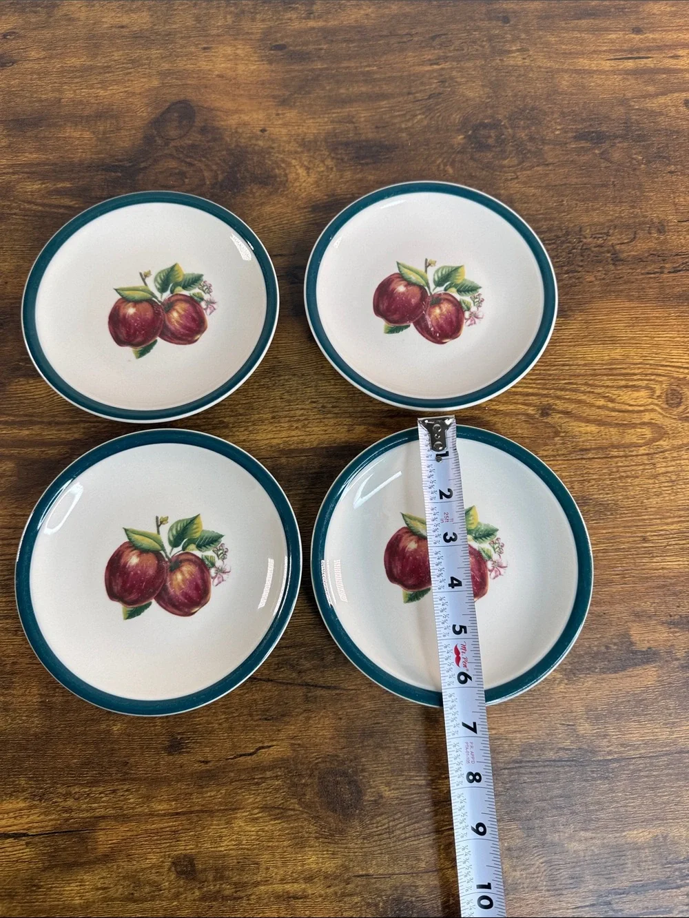 Dinner Saucer Plates with Red Apple Motif and Teal Rim Set Of 4